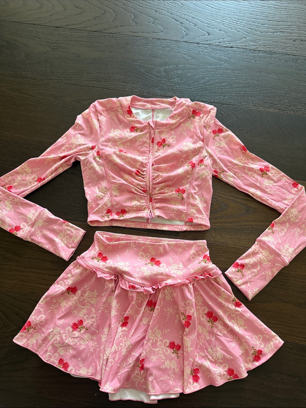 LoveShackFancy Pink Floral Ruched Top & Skirt Athletic Set